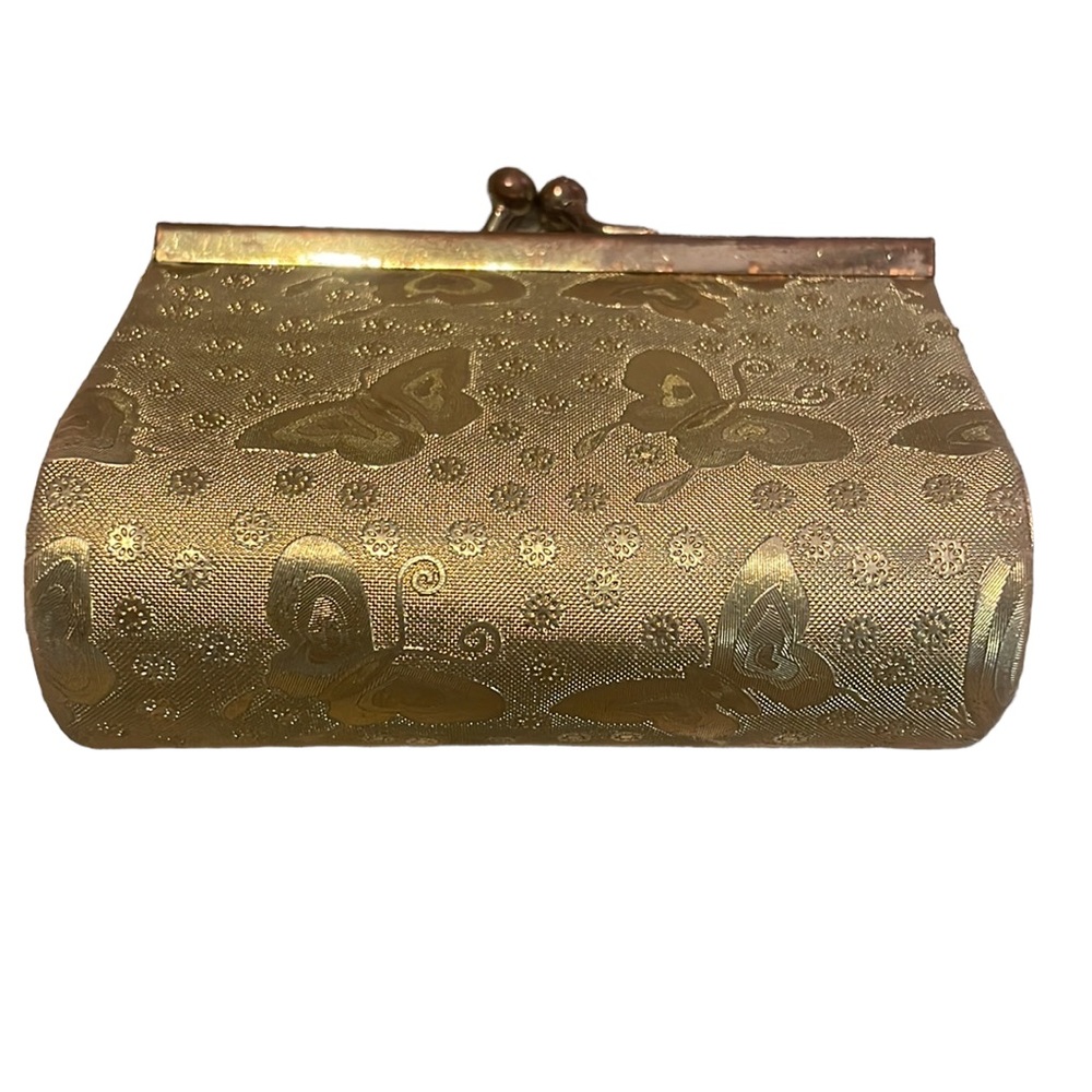Vintage Gold Butterfly Coin Wallet Clutch Snap Brocade Lipstick Case Damask